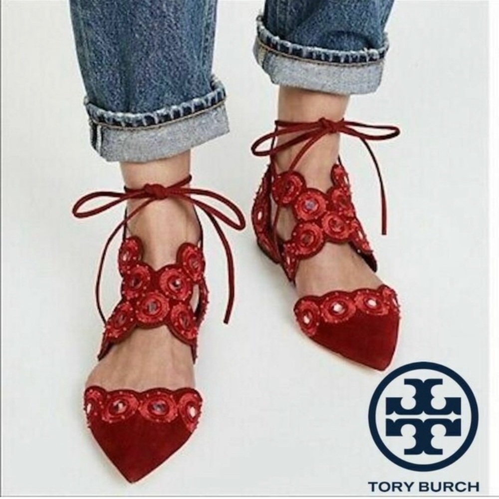 Tory Burch Yasmin Pointed Toe D’Orsay Flats Pumps, RED, Size 5.5, NWOB